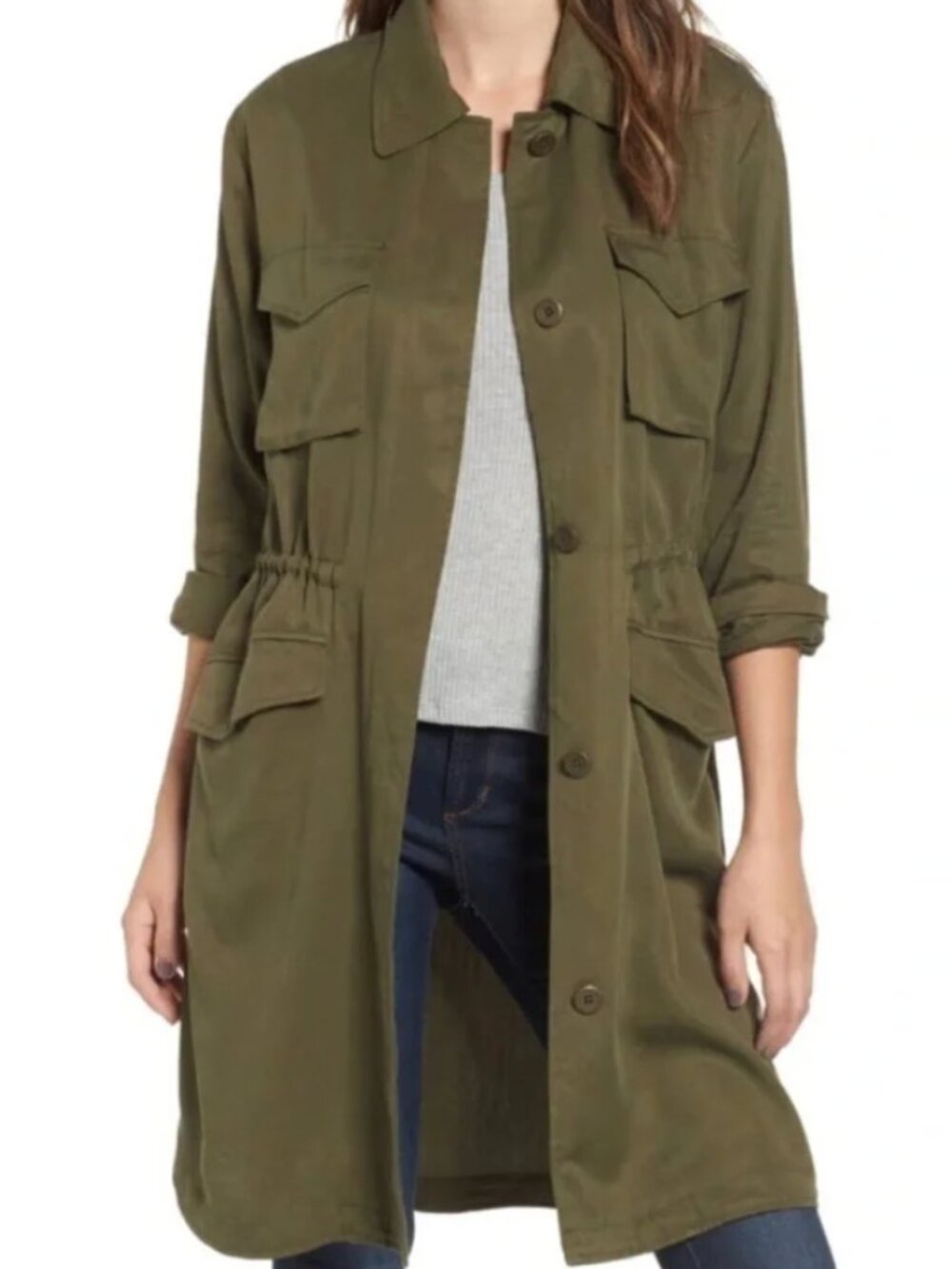 NWT BB Dakota Averie Olive Green Anorak Long Utility Duster Lightweight Jacket M - Picture 3 of 9